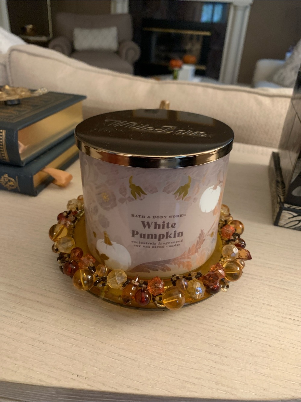 Amber Glass Beaded Candle Holder